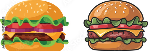 Two delicious cheeseburgers with lettuce tomato onion and cheese on sesame seed buns side by side