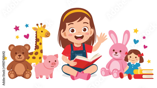 Quadro em tela Girl reading book with animal toys and dolls cute nursery character
