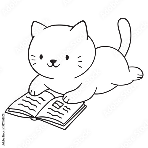 Cute cat reading book coloring page for kids vector illustration