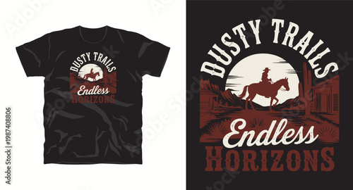 Wild west dusty trails cowboy riding horse desert landscape design.