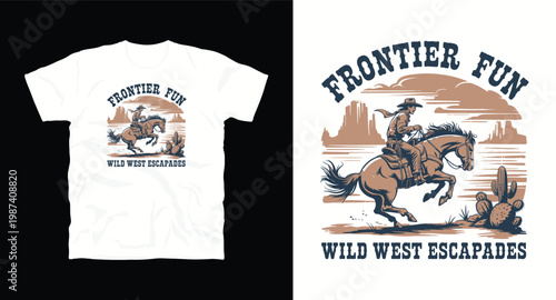 Frontier fun wild west escapades cowboy horse riding illustration.
