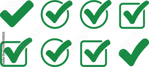 Green checkmark icons in various shapes and styles for approval and confirmation  vector graphics