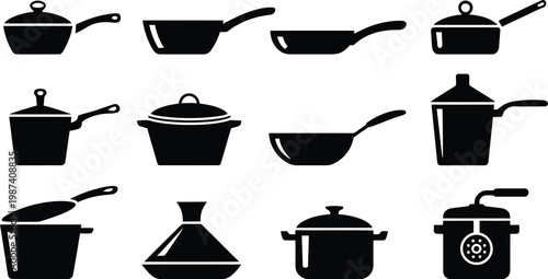 Collection of black kitchen cooking pots and pans icons on white background