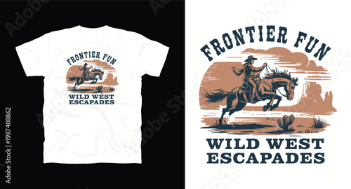Western adventure t shirt design with cowboy riding horse in desert landscape under frontier fun typography.