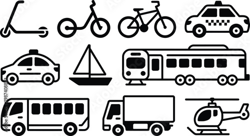 Black and white icons of various vehicles and transportation methods are shown  no people