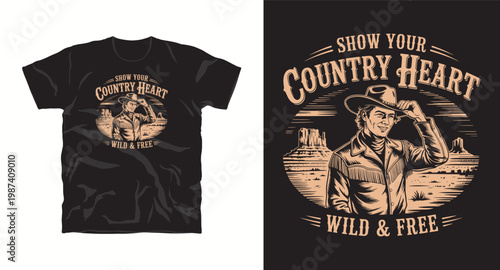 Cowboy western design with man in hat for t-shirt and apparel.