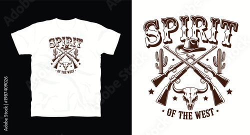 Spirit of the west t-shirt design with guns bull skull and cowboy hat.