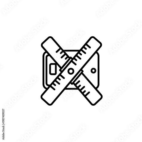 Line art illustration of crossed rulers over a square with a hole