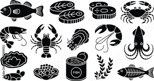 Black and white seafood icons with fish sushi and shellfish on white background