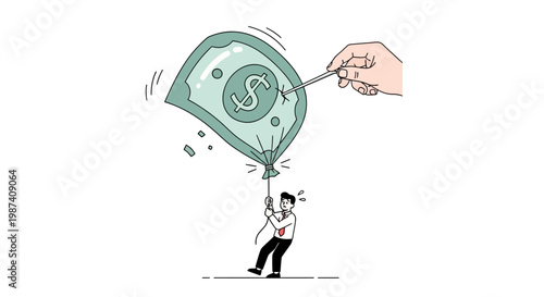 Businessman struggling with rising dollar bill balloon.