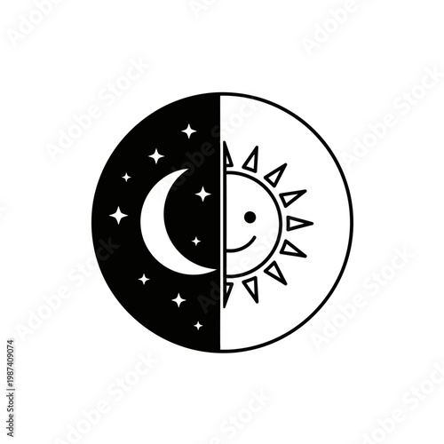 A circular design depicting the duality of sun and moon symbolism