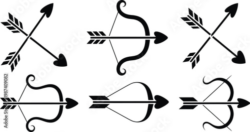 Set of black silhouettes of bows and arrows for graphic design  various styles and shapes