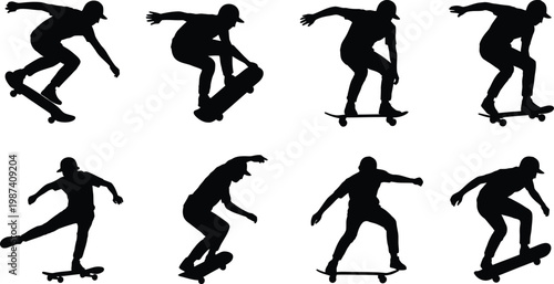 Set of skateboarders in different poses and movements on white background