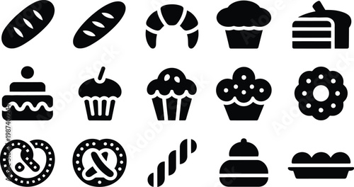 Collection of bakery icons including cakes muffins bread and pastries on white background