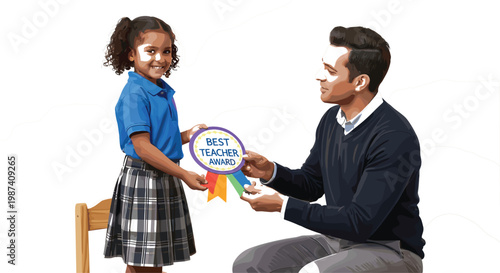 Happy Little Girl Receiving Best Teacher Award Badge from Male Teacher in School Classroom Education Appreciation ConceptHappy Little Girl Receiving Best Teacher Award Badge from Male 