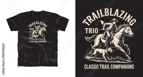 Trailblazing trio classic trail companions t-shirt design cowboy dog horse western adventure.