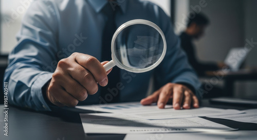 A business professional using a magnifying glass to review and verify documents on a desk, symbolizing audit, compliance, data verification, and quality assurance.