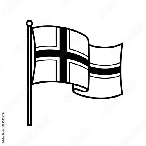 A black and white illustration of the norwegian flag waving proudly