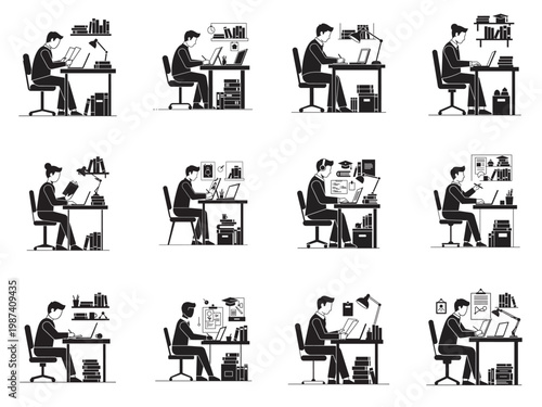 flat design vector illustrations of diverse professionals working in modern offices
