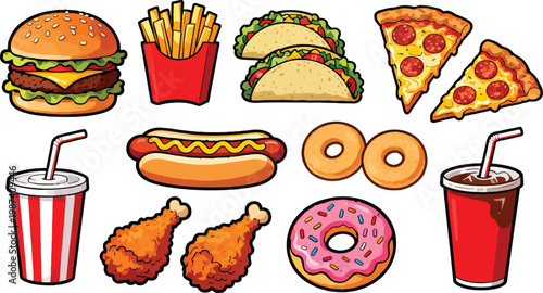 Colorful fast food icons including burgers fries tacos pizza hot dogs and drinks on transparent background