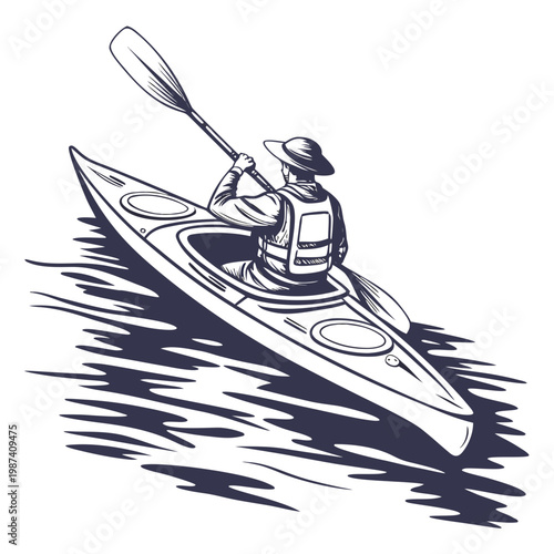 Kayaker Wearing Life Jacket and Paddling kayaking water