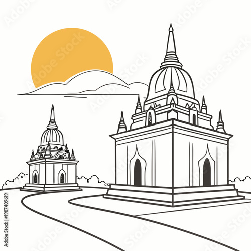 Temple with Sun and Mountains clouds road