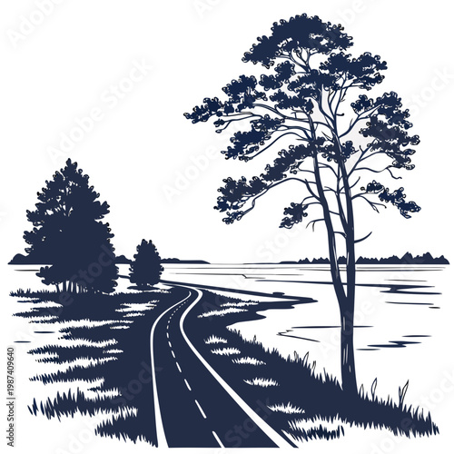 Dark blue of flooded road tree water landscape