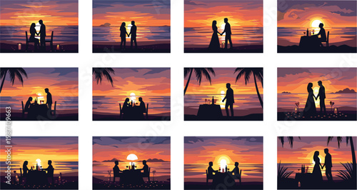 Romantic Couple Beach Sunset Dinner Silhouette Vector Set for Valentine's Day, Honeymoon Travel, Tropical Date Night, Candlelit Dinner Invitations, and Wedding Anniversary DesignsRomantic Coup