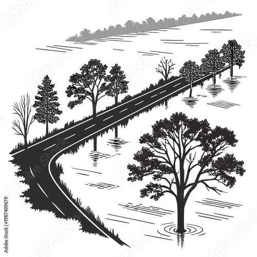Flooded road with trees water landscape