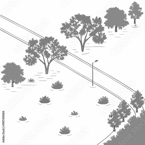 Gray landscape with trees and road grass