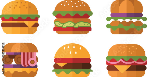 Six different types of burgers with various toppings and condiments on white background