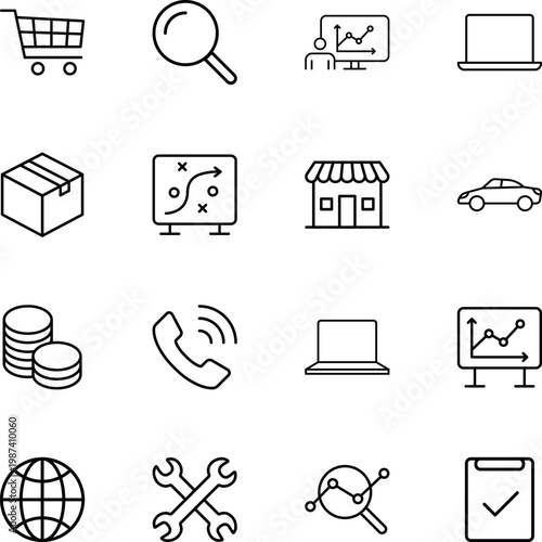 business icons set vector graphics, shopping cart, search, laptop, box, store, car, phone, wrench, globe