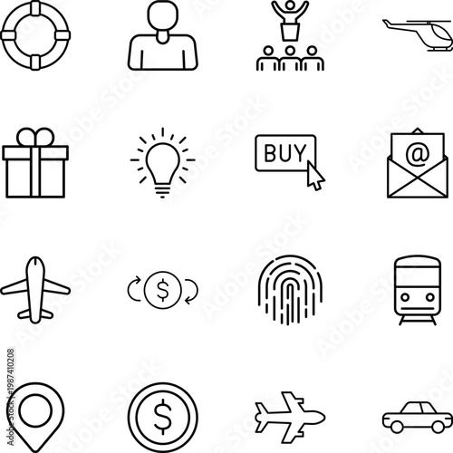 general purpose outline icon set, life buoy, person, group, helicopter, gift, light bulb, buy button, email