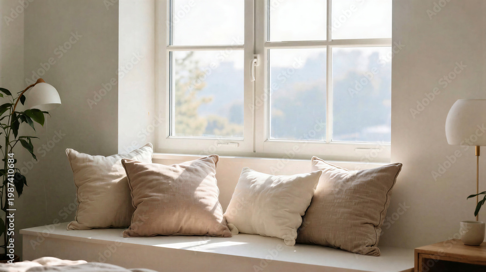 Fototapeta premium aesthetic morning light through window cozy pillows clean and minimalist style bright composition professional stock photo.