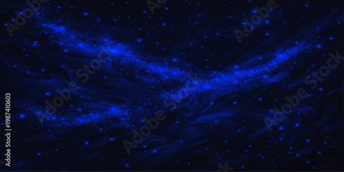 A deep blue nebula glows within a dark starry universe featuring a bright galaxy starfield and abstract cosmic constellations across the infinite black night sky
