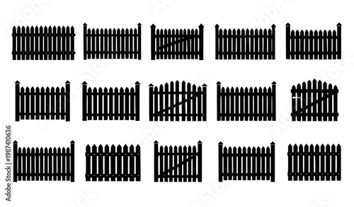 Picket fence silhouette set black vector wooden fence rustic garden boundary collection