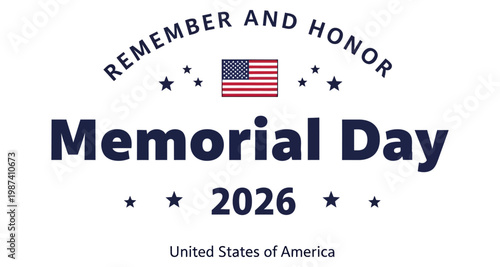 Memorial Day 2026 text with American flag and stars on white background