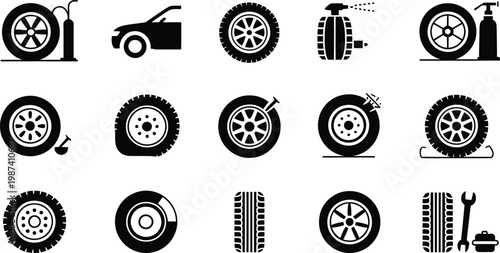 Black and white icons of car tires and tools on white background