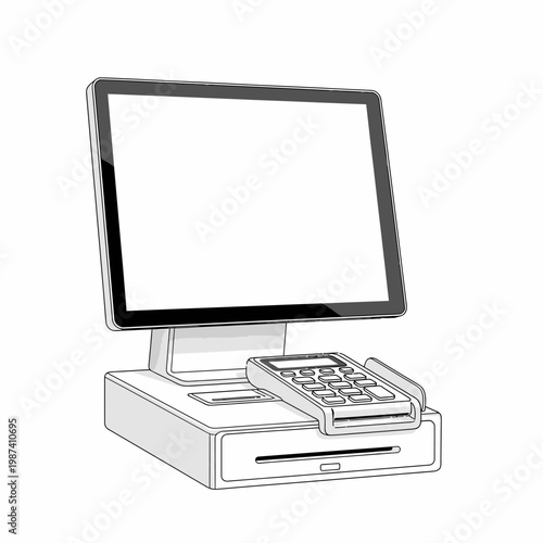 Line drawing of a modern point of sale system with card reader