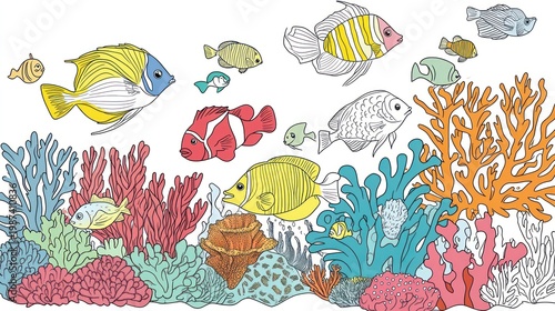 Underwater scene with colorful fishes swimming among coral reef, vector illustration