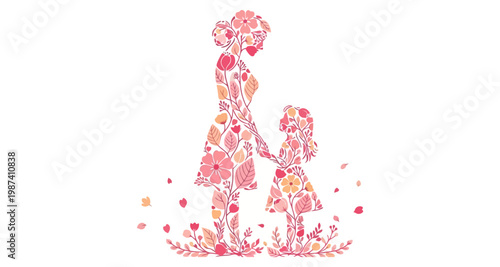 Mother and child silhouette formed by delicate floral elements during spring