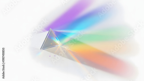 Glass prism refracts white light into a rainbow spectrum with spectrum analysis, light beam