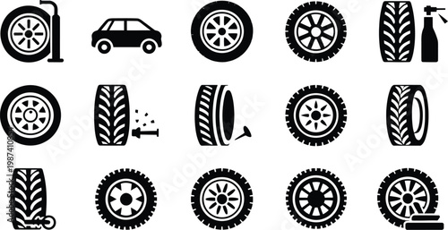 Black and white tire and car wheel icons with air pump and spray bottle