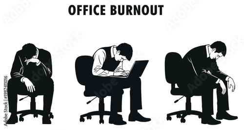 Office burnout silhouette of exhausted businessman in chairs with slumped posture