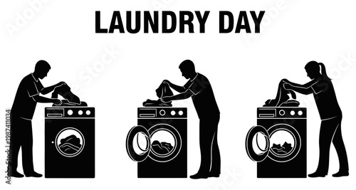 People doing laundry with washing machines in a sequence of actions