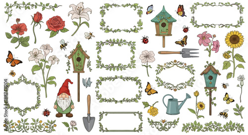 Garden elements collection floral frames birdhouses butterflies and tools