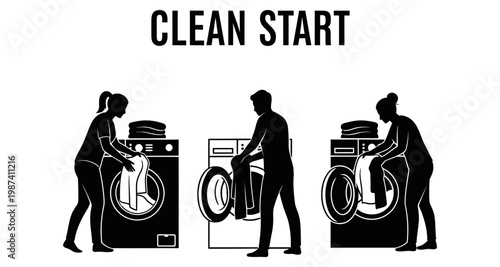 People loading laundry machines with clean clothes during domestic chores