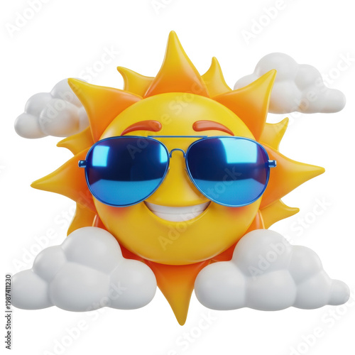 cheerful anthropomorphic sun character in glossy plastic with mirrored blue aviator sunglasses, nestled among soft white cartoon clouds on a high-key background. Concept for summer branding mascot