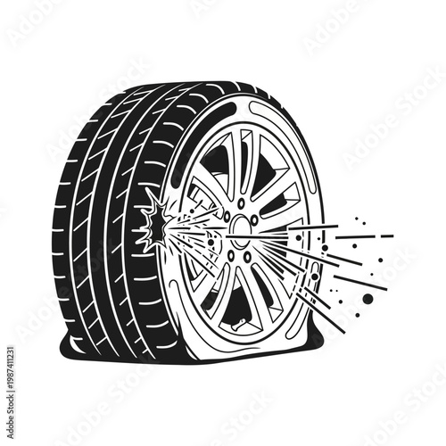 A black and white illustration of a car tire exploding with debris