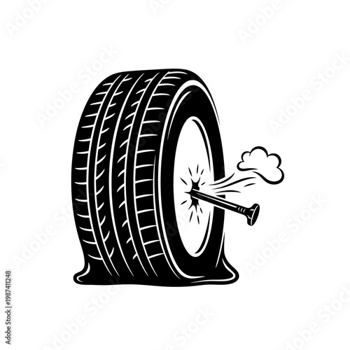 A punctured tire with a nail showing air escaping from the damage